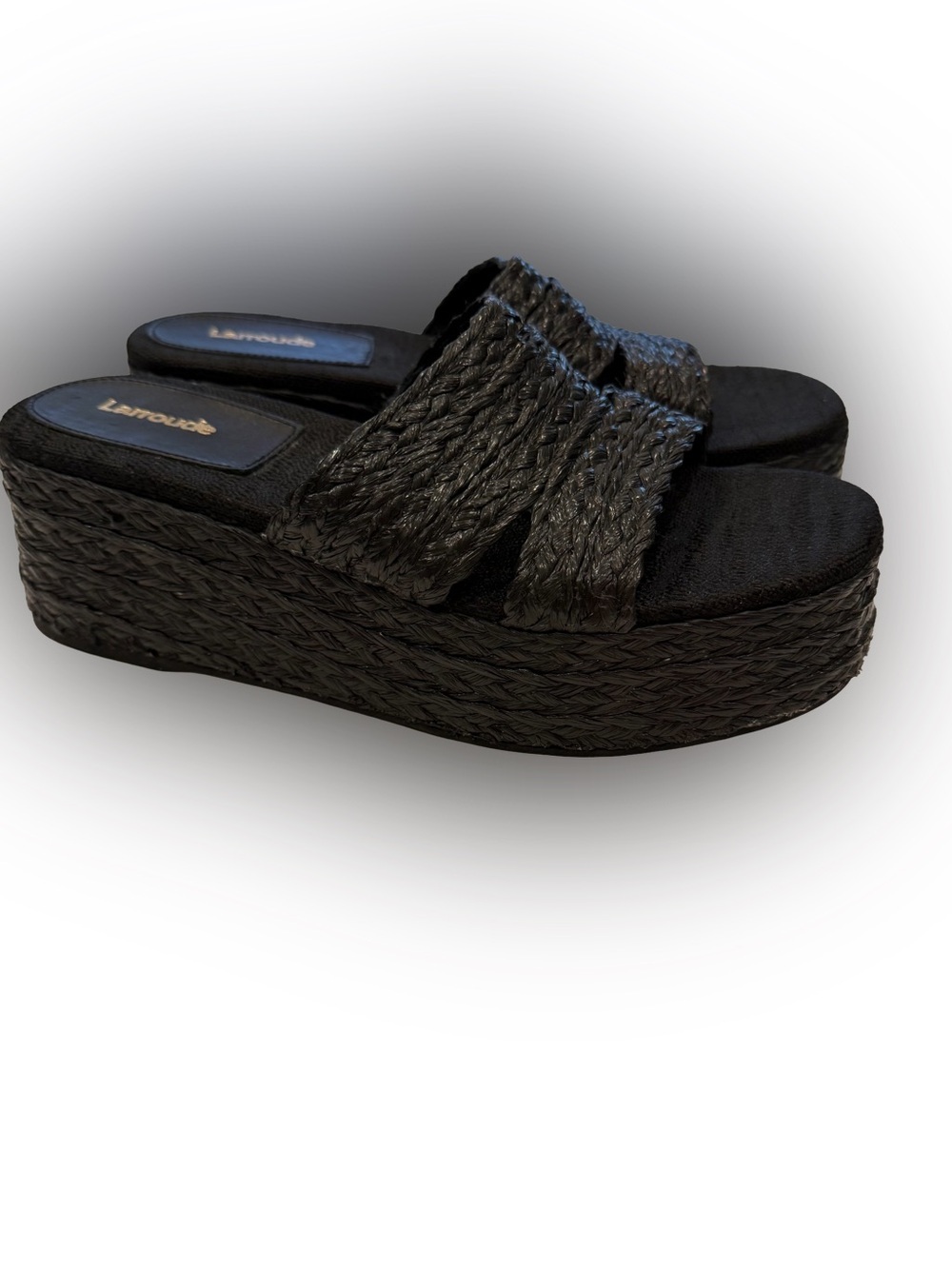 Larroudé Womens Ash Raffia Platform Black Wedge Sandals Sz 8 NEW!